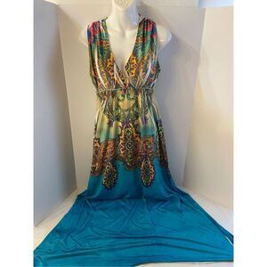 Mushkaby Sienna Rose maxi dress large Turquoise rn # 114619‎
